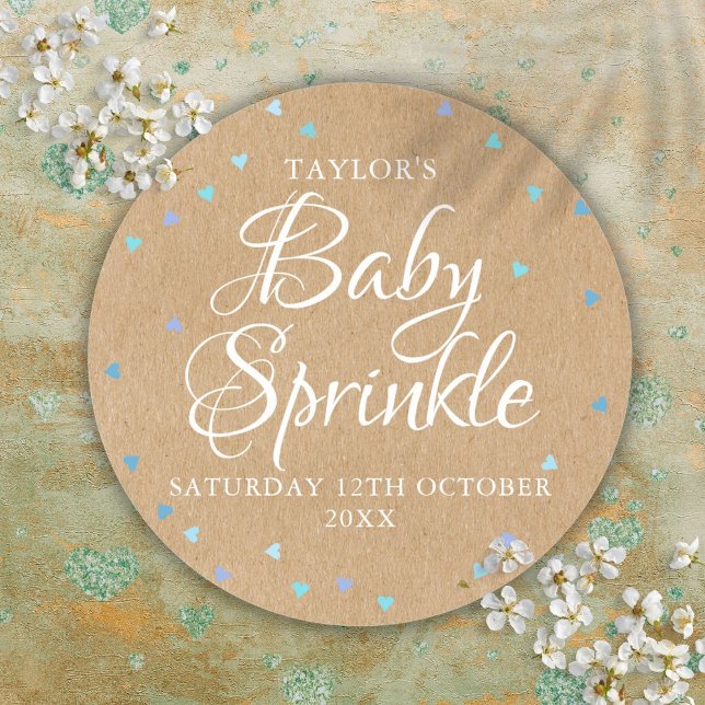 Sticker Rond Sprinkle Fête de Naissance Cœurs Bleus Kraft Rusti (Rustic Kraft Blue Hearts Baby Shower Sprinkle Classic Round Sticker)