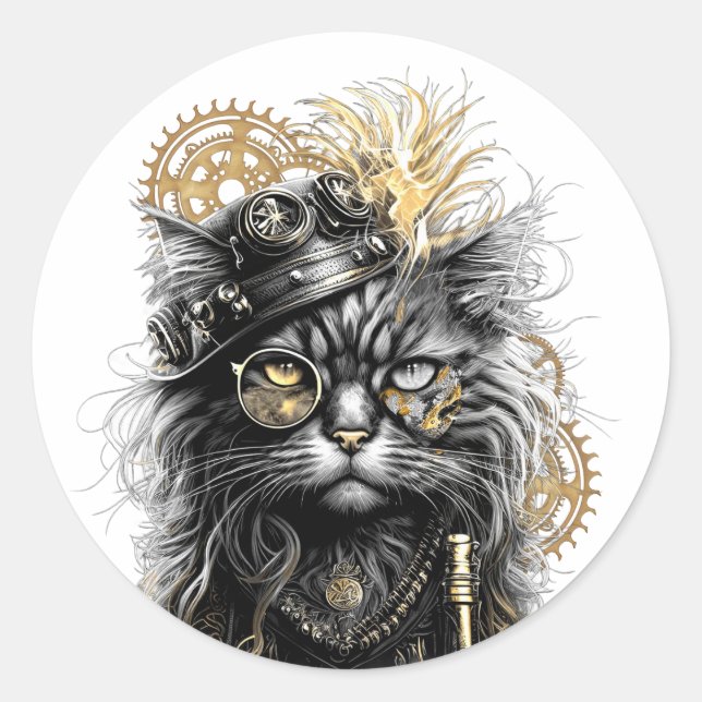 Sticker Rond Spunky Paws Le Chat Steampunk Funky  (Devant)