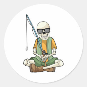 Sticker Rond Squelette à la pêche avec canne à pêche