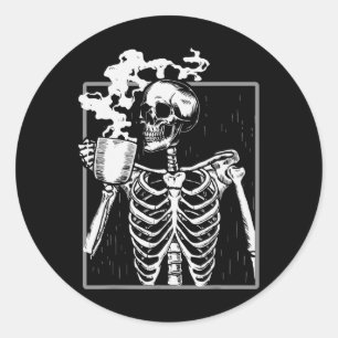Sticker Rond Squelette amateur de café Halloween drôle Sku