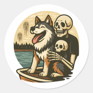 Sticker Rond Squelette avec chien sur un lac hanté Art d'horreu