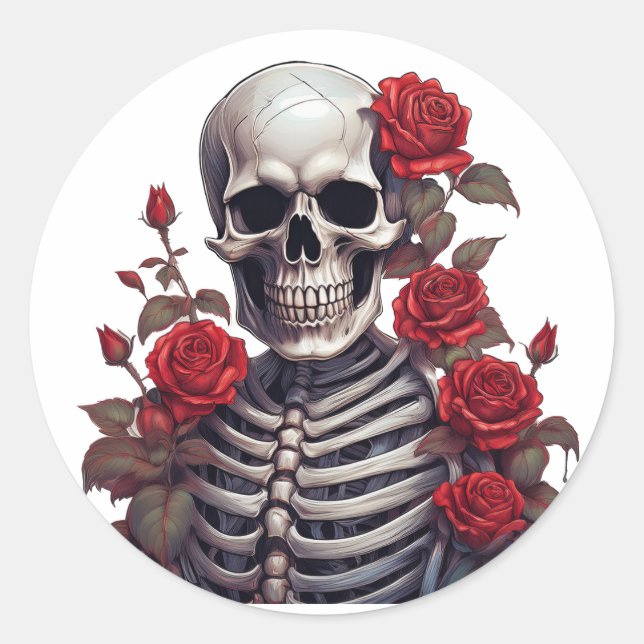 Sticker Rond Squelette Avec Roses Rouges (Devant)