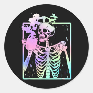 Sticker Rond Squelette Boire Café Femmes Hommes Halloween Costu