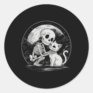 Sticker Rond Squelette Chat Crâne Kitty Cute Goth Halloween Cos