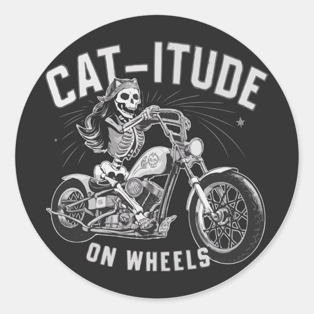 Sticker Rond Squelette Chat Monter Une Moto - Chat itude (Devant)