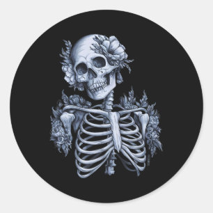 Sticker Rond Squelette Crâne floral Halloween Gothique Occulte 