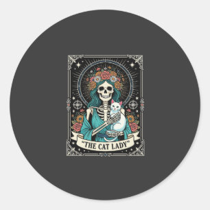 Sticker Rond Squelette de Dame aux Chats Tarot Floral Gothique