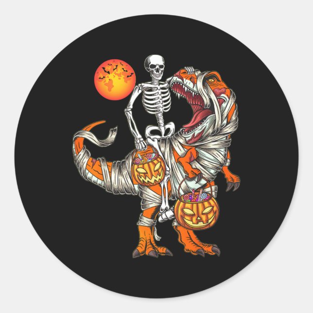 Sticker Rond Squelette de dinosaure Halloween T Rex Citrouille  (Devant)