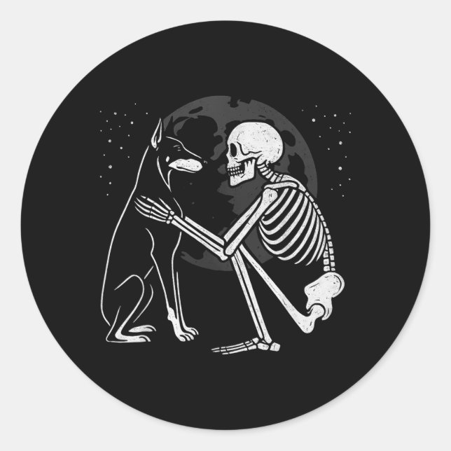 Sticker Rond Squelette de Doberman Pinscher Lune Halloween Chie (Devant)