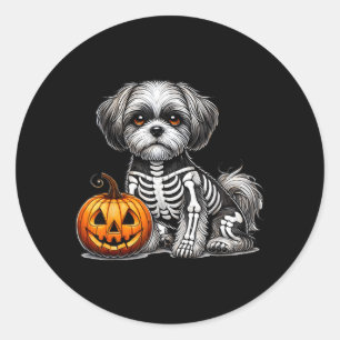 Sticker Rond Squelette de Jack O Lantern Shih Tzu Chien Drôle