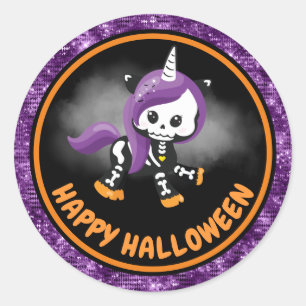 Sticker Rond Squelette de licorne mignonne et Halloween à paill