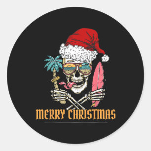 Sticker Rond Squelette de Noël d'été -- Surf de plage cool Sa