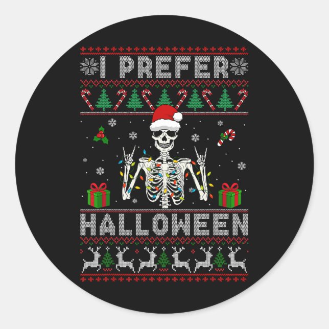 Sticker Rond Squelette de Noël Je préfère Halloween Noël (Devant)