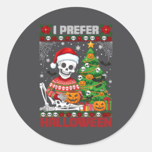 Sticker Rond Squelette de Noël Je préfère Halloween Noël laid X