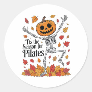 Sticker Rond Squelette de Pilates drôle Citrouille Yoga Hallowe