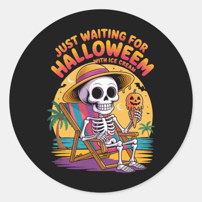 Sticker Rond Squelette De Plage Avec Crème De Glace Halloween C (Devant)