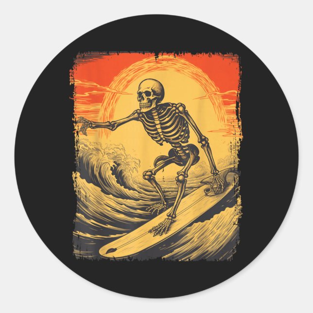 Sticker Rond Squelette de surf Halloween Planche de surf Saison (Devant)