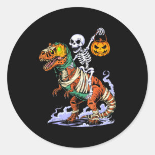 Sticker Rond Squelette d'Halloween à cheval sur une momie T Rex