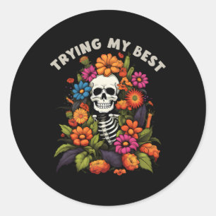 Sticker Rond Squelette d'Halloween Fleurs Vintages essayer mon 