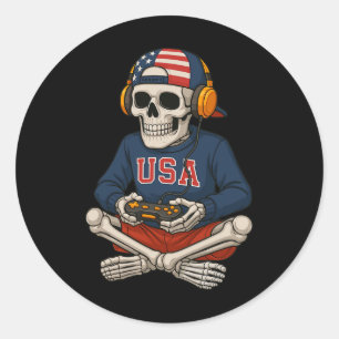 Sticker Rond Squelette d'Halloween Joueur de jeu vidéo drôle