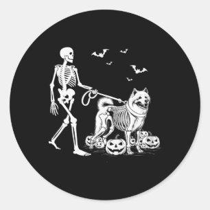 Sticker Rond Squelette d'Halloween marchant Chien Samoyé