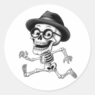 Sticker Rond Squelette drôle avec Casquette noir et lunettes Qu