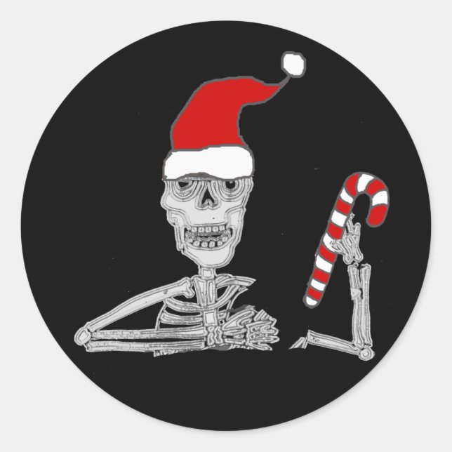 Sticker Rond Squelette drôle dans Noël chapeau de Noël (Devant)