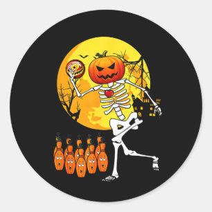 Sticker Rond Squelette Drôle de Joueur de Bowling Halloween et