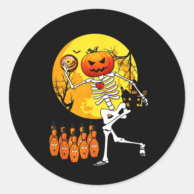 Sticker Rond Squelette Drôle de Joueur de Bowling Halloween et  (Devant)