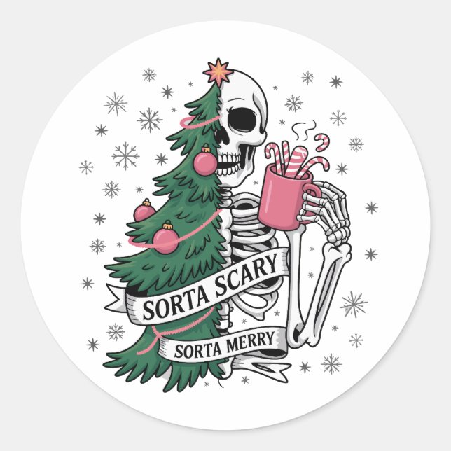 Sticker Rond Squelette drôle de Noël un peu joyeux un peu effra (Devant)
