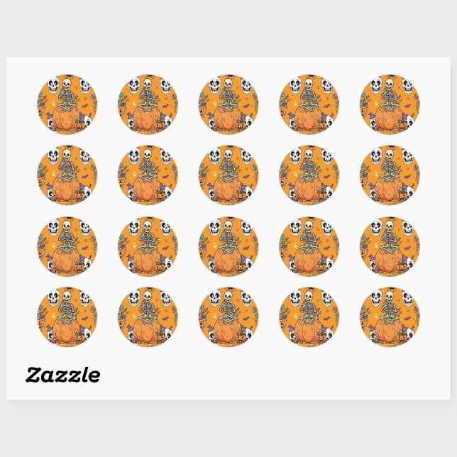 Sticker Rond Squelette Drôle Et Friandise Pour Halloween (Feuille)