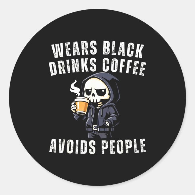 Sticker Rond Squelette drôle porte du noir boit du café évite (Devant)