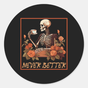 Sticker Rond Squelette éffrayant Avec Café Et Fleurs Halloween