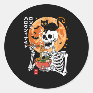 Sticker Rond Squelette effrayant mangeant un bol de ramen avec