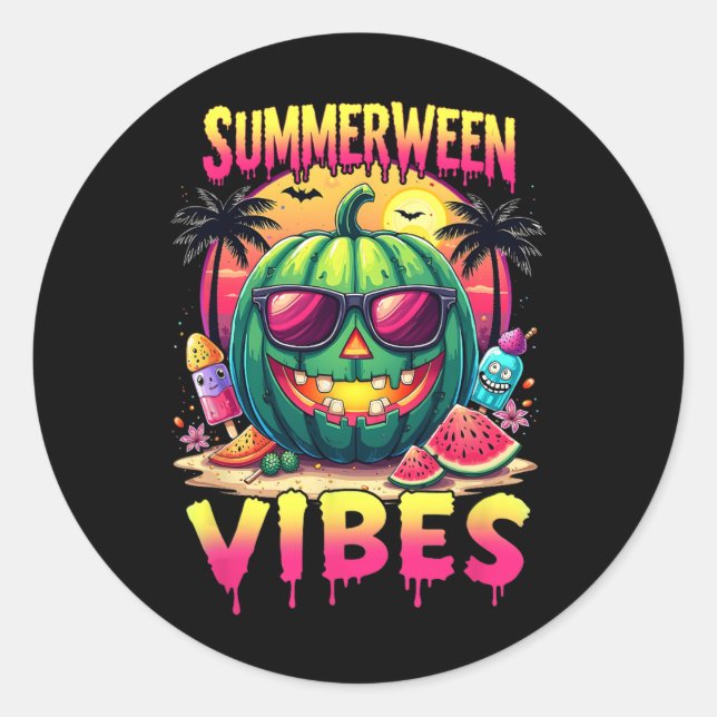 Sticker Rond Squelette Été Vibes Summerween Pastèque Jack-o (Devant)