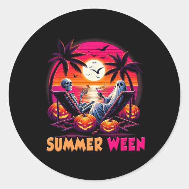 Sticker Rond Squelette Été-ween Plage Halloween Ambiance Couche (Devant)