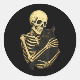 Sticker Rond Squelette étreignant un chat noir Halloween drôle
