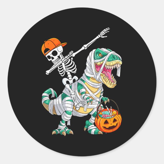 Sticker Rond Squelette faisant du dab de danse en monté sur un  (Devant)