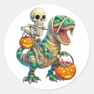 Sticker Rond Squelette Fantaisiste à Cheval sur un T-Rex Momie 