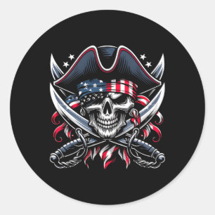 Sticker Rond Squelette Homme Pirate 4 Juillet États-Unis Crâne
