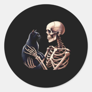 Sticker Rond Squelette Jouer Avec Un Chat Graphique Crâne Love