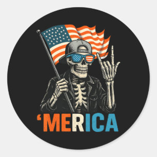 Sticker Rond Squelette Merica Rock Drapeau Américain Patriotiqu