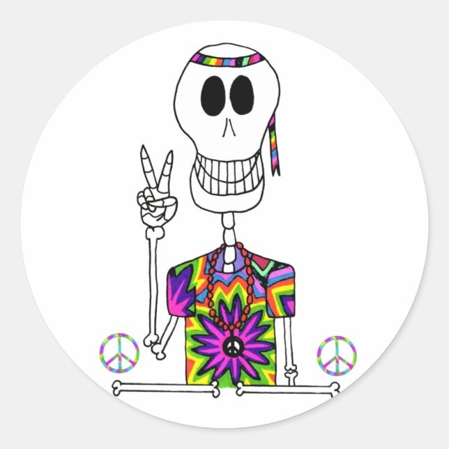 Sticker Rond Squelette mignon Hippie en Teinte avec Paix (Devant)