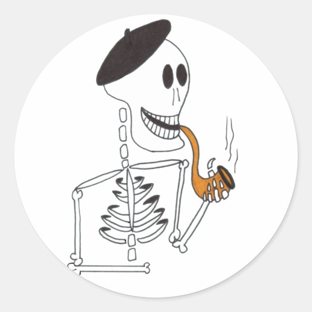 Sticker Rond Squelette mignonne dans un Casquette béret françai (Devant)