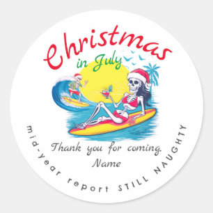 Sticker Rond Squelette Noël en Juillet Surf de plage Naughty
