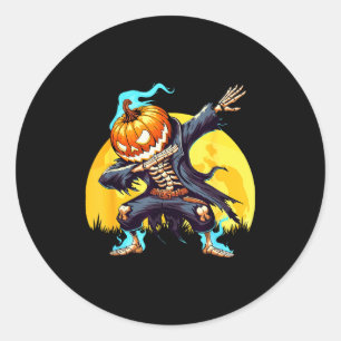 Sticker Rond Squelette qui Dabber Tête de Citrouille sans Tête