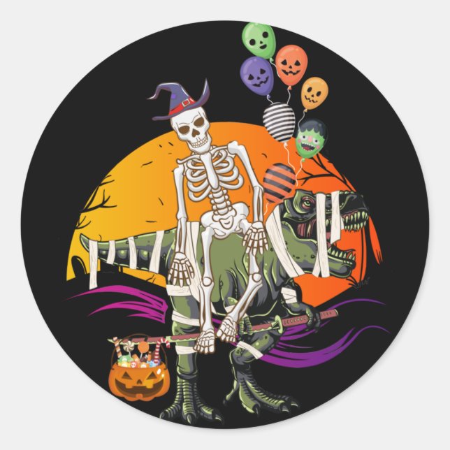 Sticker Rond Squelette Riding Mummy Dinosaur Classic Round Stic (Devant)