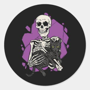 Sticker Rond Squelette tenant un chat noir Lazy Halloween Costu