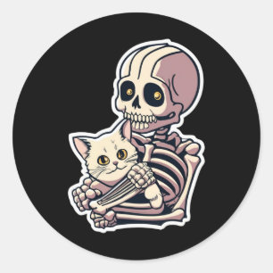 Sticker Rond Squelette tenant une chemise de chat Lazy Hallowee