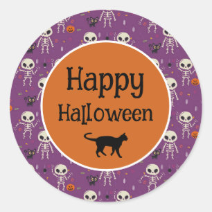 Sticker Rond Squelettes Mignons et Chat Halloween Violet et Ora